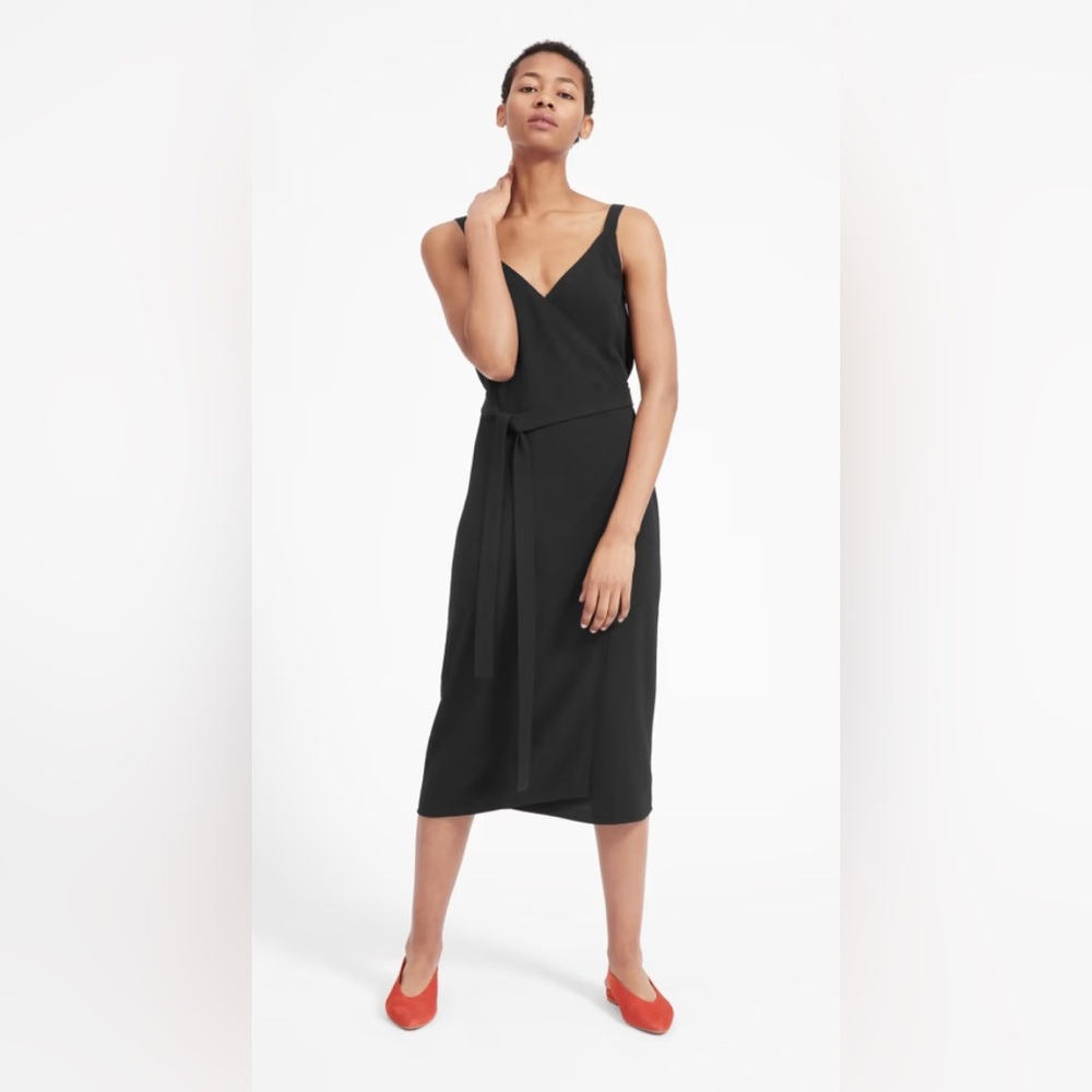 Everlane The Japanese Goweave Tank Wrap Black Midi Dress Size 2 Tie Waist
